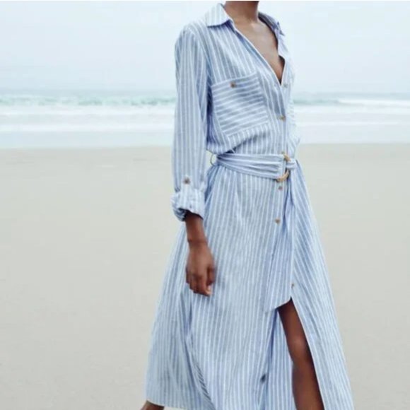NWT Zara LINEN BLEND MIDI SHIRTDRESS XS - Picture 6 of 12